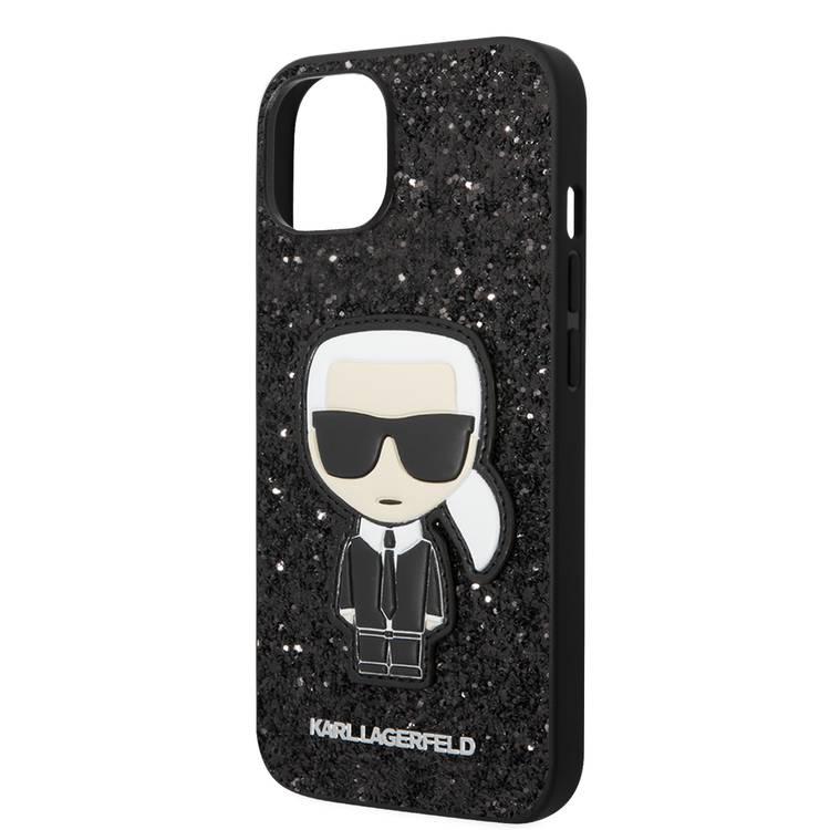 Karl Lagerfeld Glitter Flakes Case with Ikonik Patch Shockproof iPhone 14 Compatibility - Black