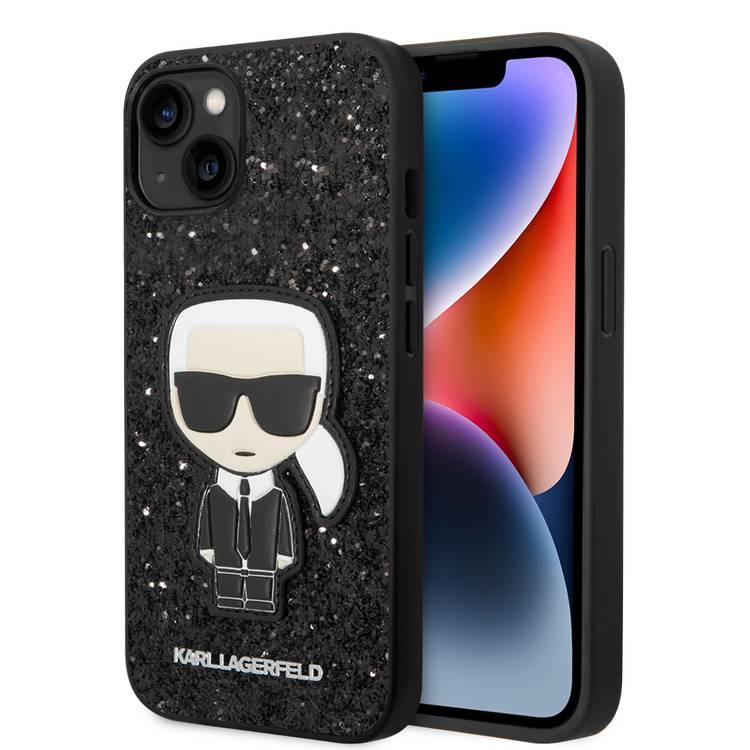 Karl Lagerfeld Glitter Flakes Case with Ikonik Patch Shockproof iPhone 14 Compatibility - Black