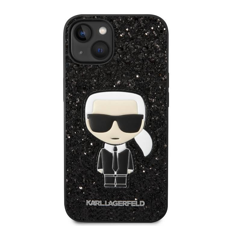 Karl Lagerfeld Glitter Flakes Case with Ikonik Patch Shockproof iPhone 14 Compatibility - Black