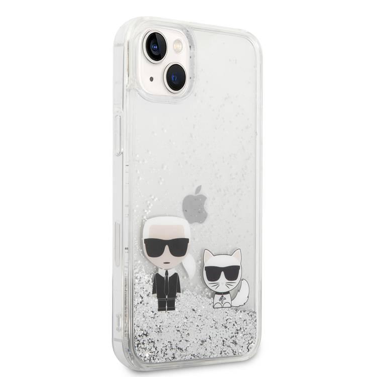 Karl Lagerfeld Liquid Glitter Silicone Case Karl and Choupette Protector iPhone 14 Plus Compatibility - Silver