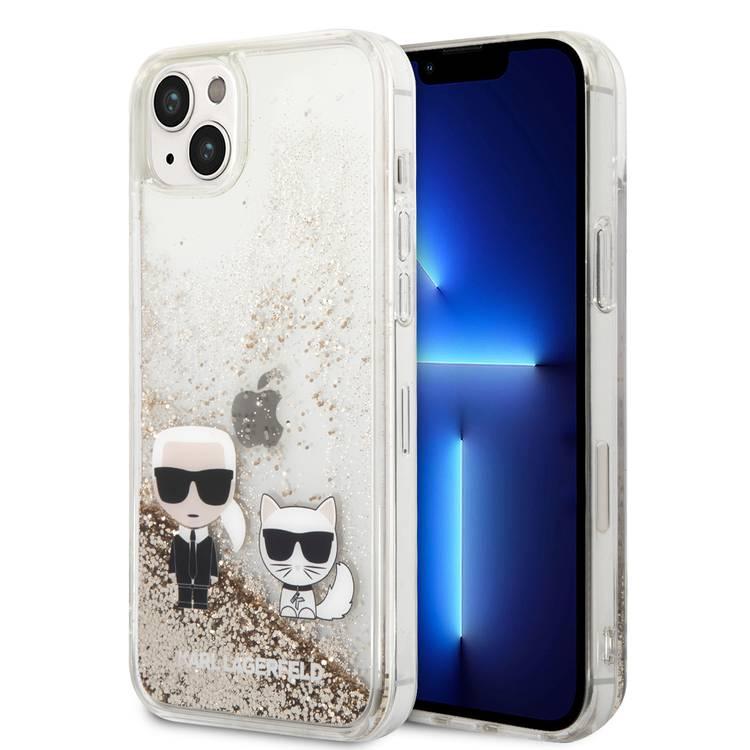 Karl Lagerfeld Liquid Glitter Silicone Case Karl and Choupette Protector iPhone 14 Plus Compatibility - Gold