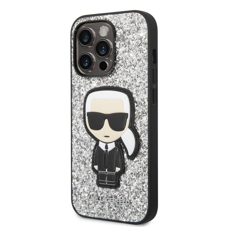 Karl Lagerfeld Glitter Flakes Case with Ikonik Patch Shockproof iPhone 14 Pro Compatibility - Silver