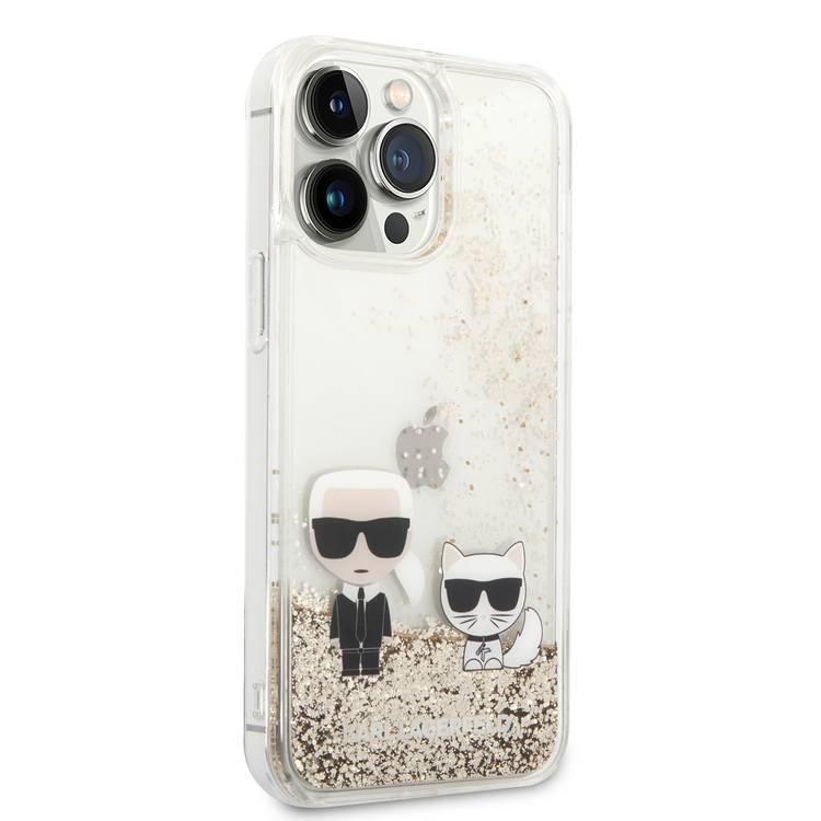 Karl Lagerfeld Liquid Glitter Silicone Case Karl and Choupette Protector iPhone 14 Pro Max Compatibility - Gold