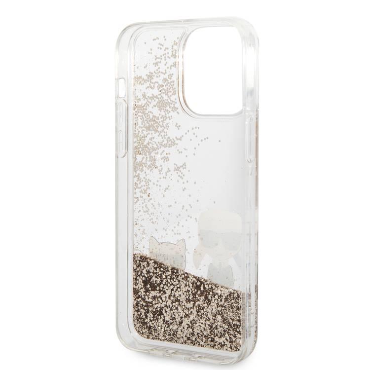 Karl Lagerfeld Liquid Glitter Silicone Case Karl and Choupette Protector iPhone 14 Pro Max Compatibility - Gold