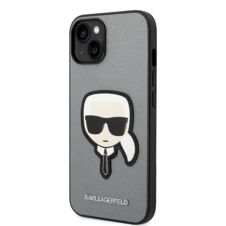 Karl Lagerfeld PU Saffiano Case with Karl Head Patch Ultra-Thin iPhone 14 Plus Compatibility - Silver