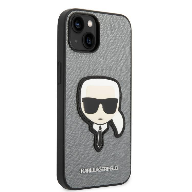 Karl Lagerfeld PU Saffiano Case with Karl Head Patch Ultra-Thin iPhone 14 Plus Compatibility - Silver