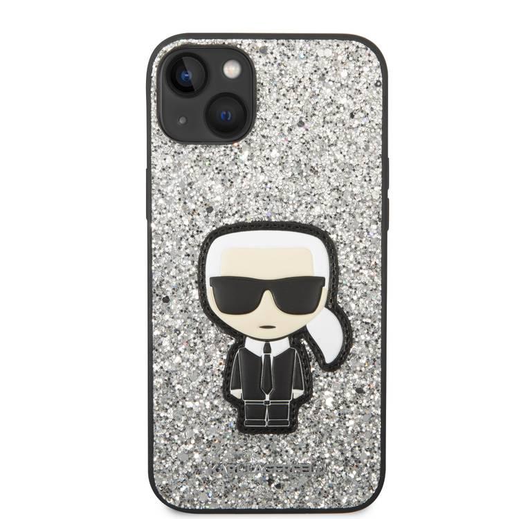 Karl Lagerfeld Glitter Flakes Case with Ikonik Patch Shockproof iPhone 14 Plus Compatibility - Silver