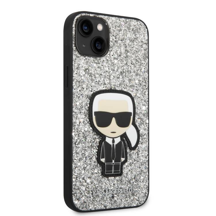 Karl Lagerfeld Glitter Flakes Case with Ikonik Patch Shockproof iPhone 14 Plus Compatibility - Silver