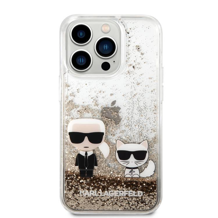 Karl Lagerfeld Liquid Glitter Silicone Case Karl and Choupette Protector iPhone 14 Pro Compatibility - Gold