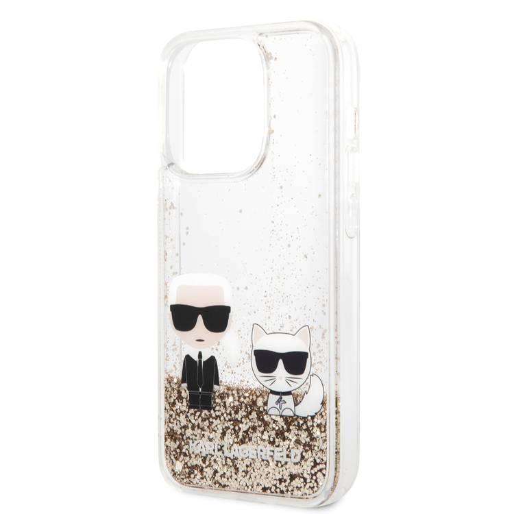 Karl Lagerfeld Liquid Glitter Silicone Case Karl and Choupette Protector iPhone 14 Pro Compatibility - Gold