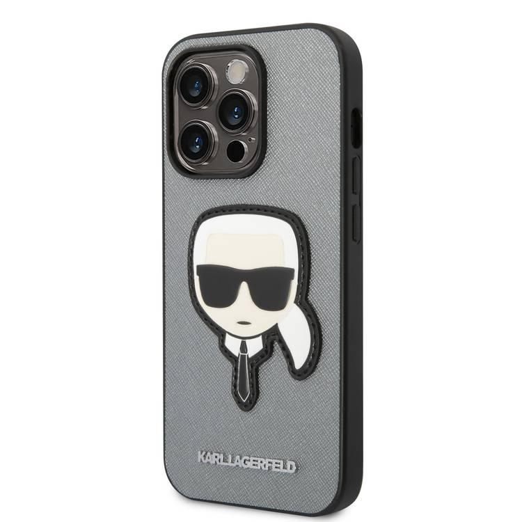 Karl Lagerfeld PU Saffiano Case with Karl Head Patch Ultra-Thin iPhone 14 Pro Compatibility - Silver