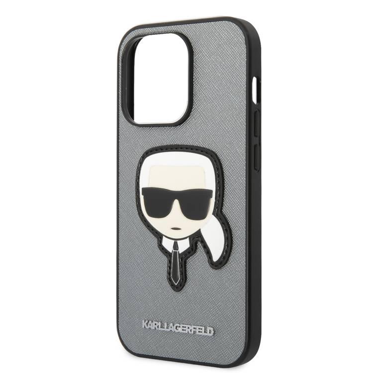 Karl Lagerfeld PU Saffiano Case with Karl Head Patch Ultra-Thin iPhone 14 Pro Compatibility - Silver