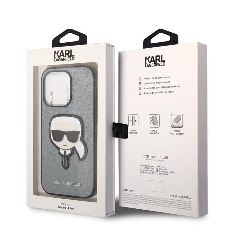 Karl Lagerfeld PU Saffiano Case with Karl Head Patch Ultra-Thin iPhone 14 Pro Compatibility - Silver