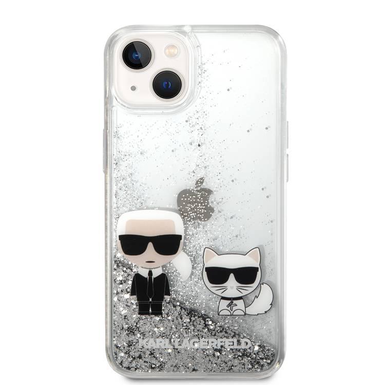 Karl Lagerfeld Liquid Glitter Silicone Case Karl and Choupette Protector iPhone 14 Compatibility - Silver