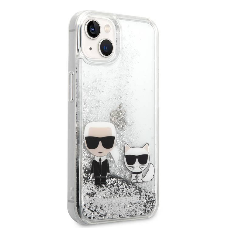 Karl Lagerfeld Liquid Glitter Silicone Case Karl and Choupette Protector iPhone 14 Compatibility - Silver