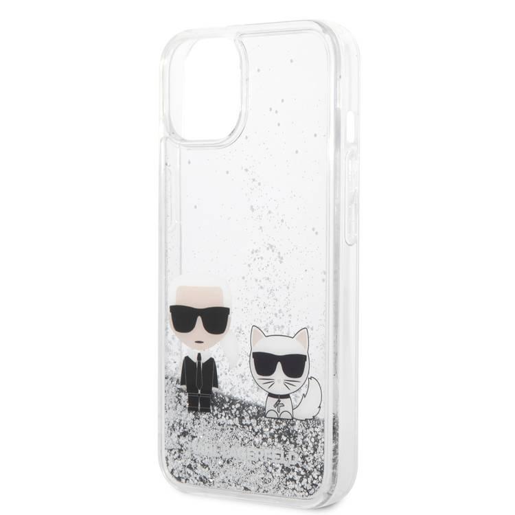 Karl Lagerfeld Liquid Glitter Silicone Case Karl and Choupette Protector iPhone 14 Compatibility - Silver