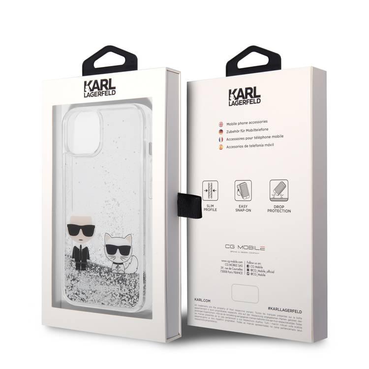 Karl Lagerfeld Liquid Glitter Silicone Case Karl and Choupette Protector iPhone 14 Compatibility - Silver