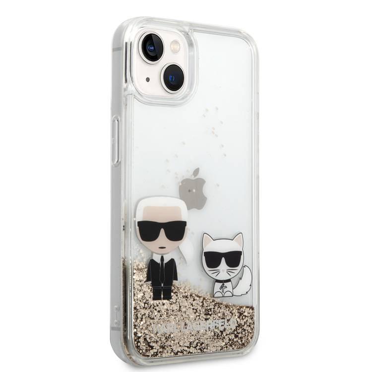 Karl Lagerfeld Liquid Glitter Silicone Case Karl and Choupette Protector iPhone 14 Compatibility - Gold