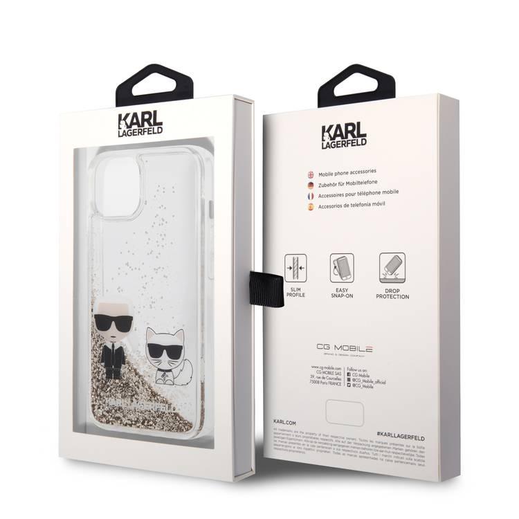 Karl Lagerfeld Liquid Glitter Silicone Case Karl and Choupette Protector iPhone 14 Compatibility - Gold