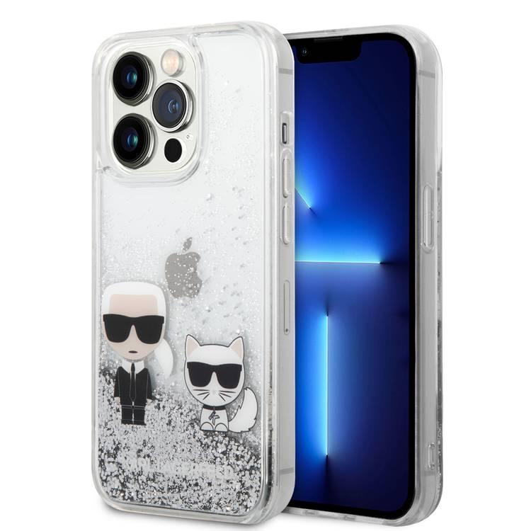 Karl Lagerfeld Liquid Glitter Silicone Case Karl and Choupette Protector iPhone 14 Pro Compatibility - Silver