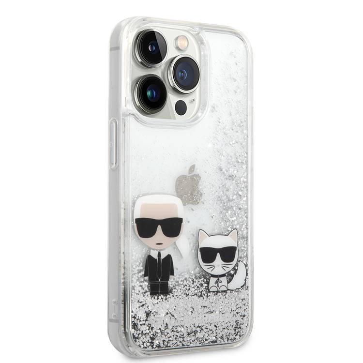 Karl Lagerfeld Liquid Glitter Silicone Case Karl and Choupette Protector iPhone 14 Pro Compatibility - Silver