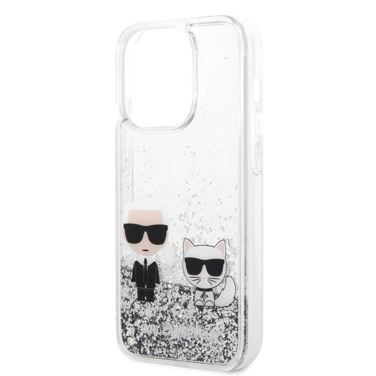 Karl Lagerfeld Liquid Glitter Silicone Case Karl and Choupette Protector iPhone 14 Pro Compatibility - Silver