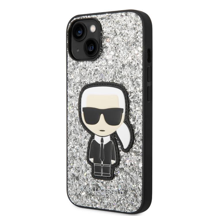 Karl Lagerfeld Glitter Flakes Case with Ikonik Patch Shockproof iPhone 14 Compatibility - Silver