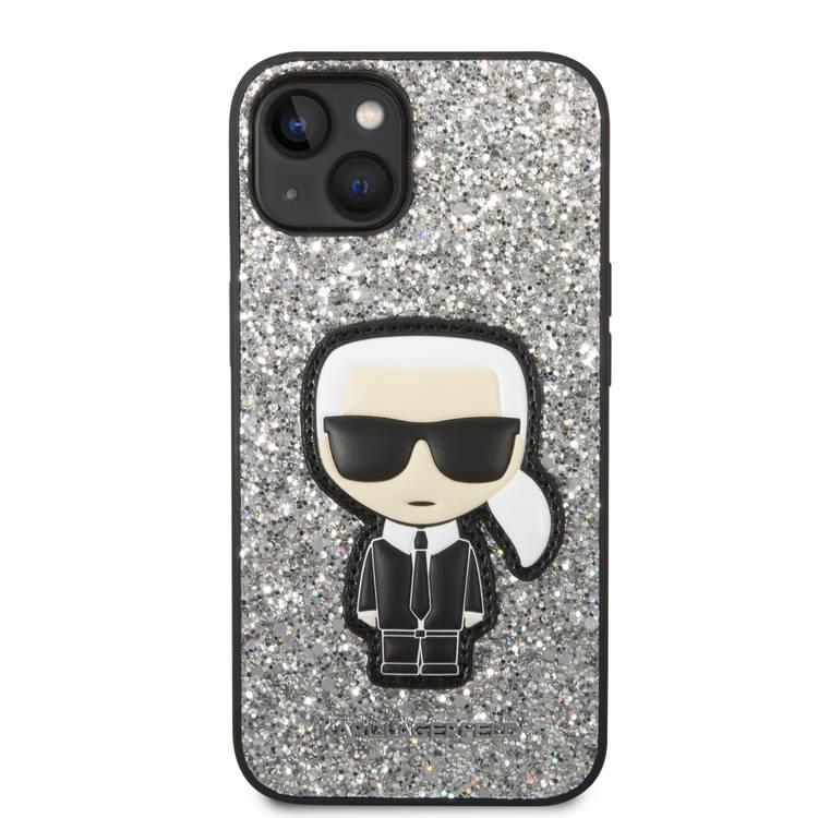 Karl Lagerfeld Glitter Flakes Case with Ikonik Patch Shockproof iPhone 14 Compatibility - Silver