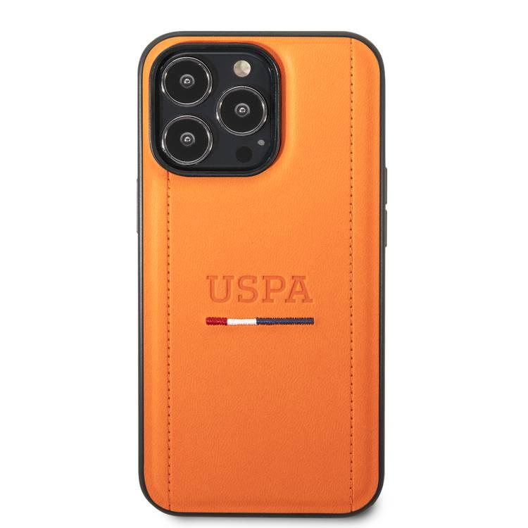 USPA PU Leather Case with Tricolor Stitches & Initials Full Protection iPhone 14 Pro Compatibility - Orange