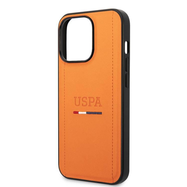 USPA PU Leather Case with Tricolor Stitches & Initials Full Protection iPhone 14 Pro Compatibility - Orange