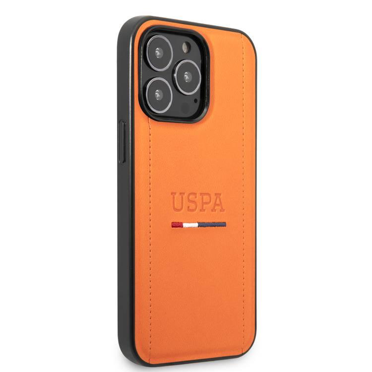 USPA PU Leather Case with Tricolor Stitches & Initials Full Protection iPhone 14 Pro Compatibility - Orange