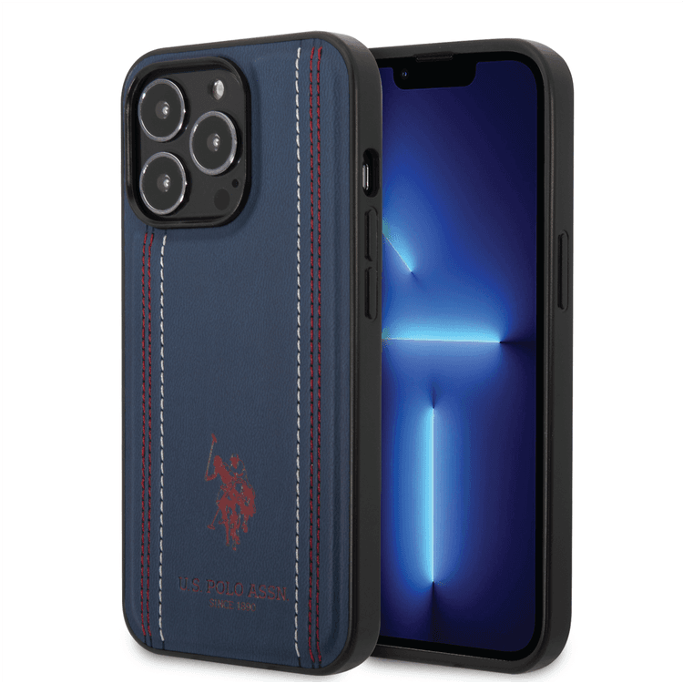 USPA PU Leather Case with Stitched Lines Double Line & Horse Logo iPhone 14 Pro Max Compatibility - Navy