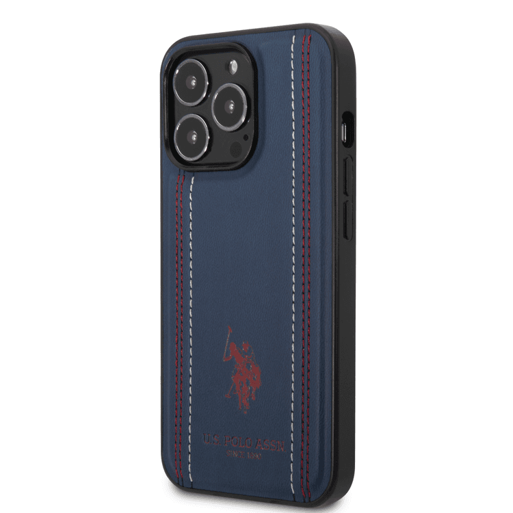 USPA PU Leather Case with Stitched Lines Double Line & Horse Logo iPhone 14 Pro Max Compatibility - Navy