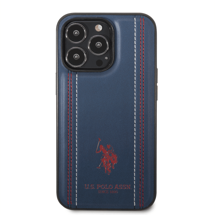 USPA PU Leather Case with Stitched Lines Double Line & Horse Logo iPhone 14 Pro Max Compatibility - Navy