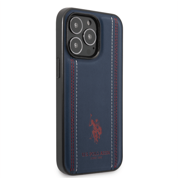 USPA PU Leather Case with Stitched Lines Double Line & Horse Logo iPhone 14 Pro Max Compatibility - Navy