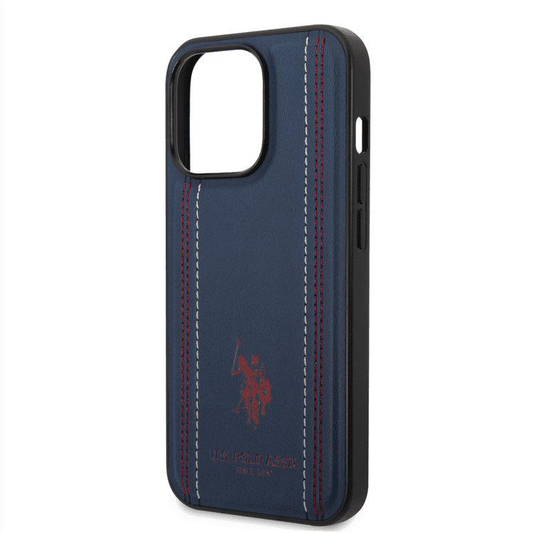 USPA PU Leather Case with Stitched Lines Double Line & Horse Logo iPhone 14 Pro Max Compatibility - Navy