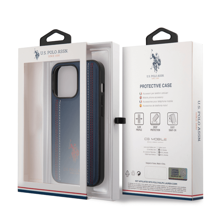 USPA PU Leather Case with Stitched Lines Double Line & Horse Logo iPhone 14 Pro Max Compatibility - Navy