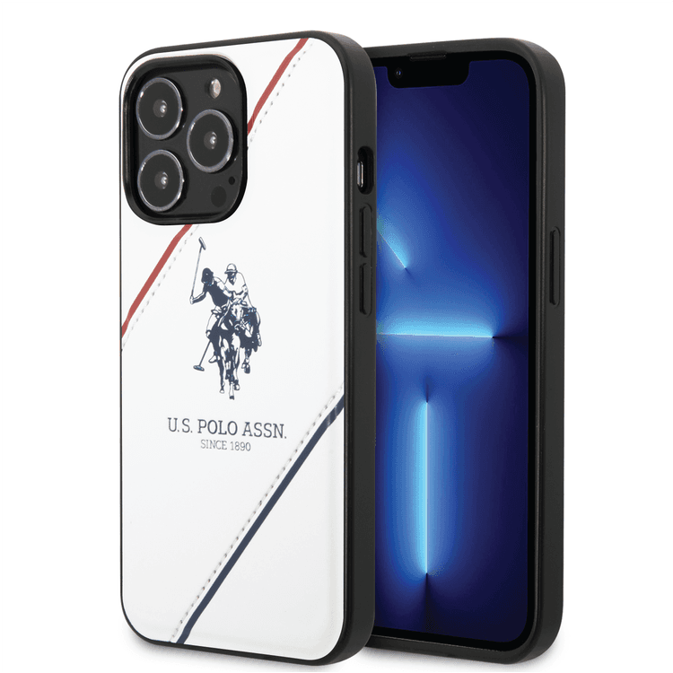 USPA PU Leather Case with Embossed Double Line & Horse Logo iPhone 14 Pro Compatibility - White