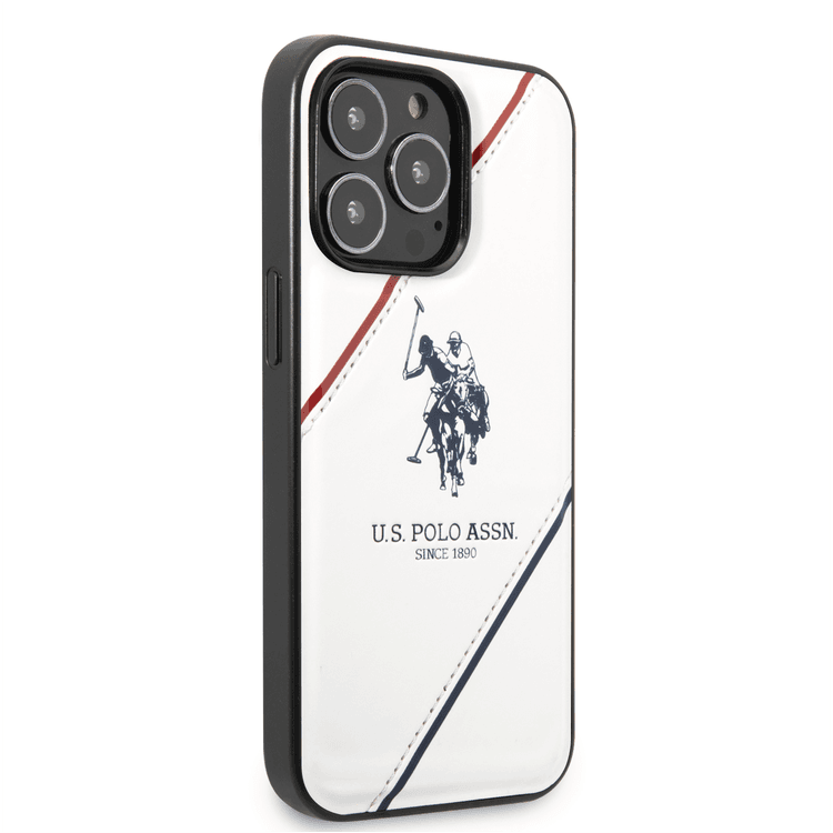 USPA PU Leather Case with Embossed Double Line & Horse Logo iPhone 14 Pro Compatibility - White