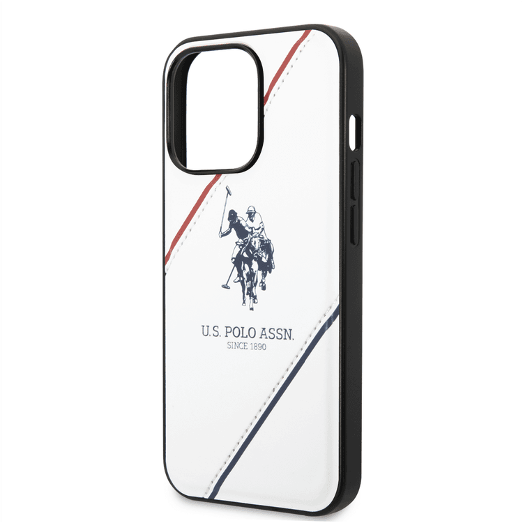 USPA PU Leather Case with Embossed Double Line & Horse Logo iPhone 14 Pro Compatibility - White