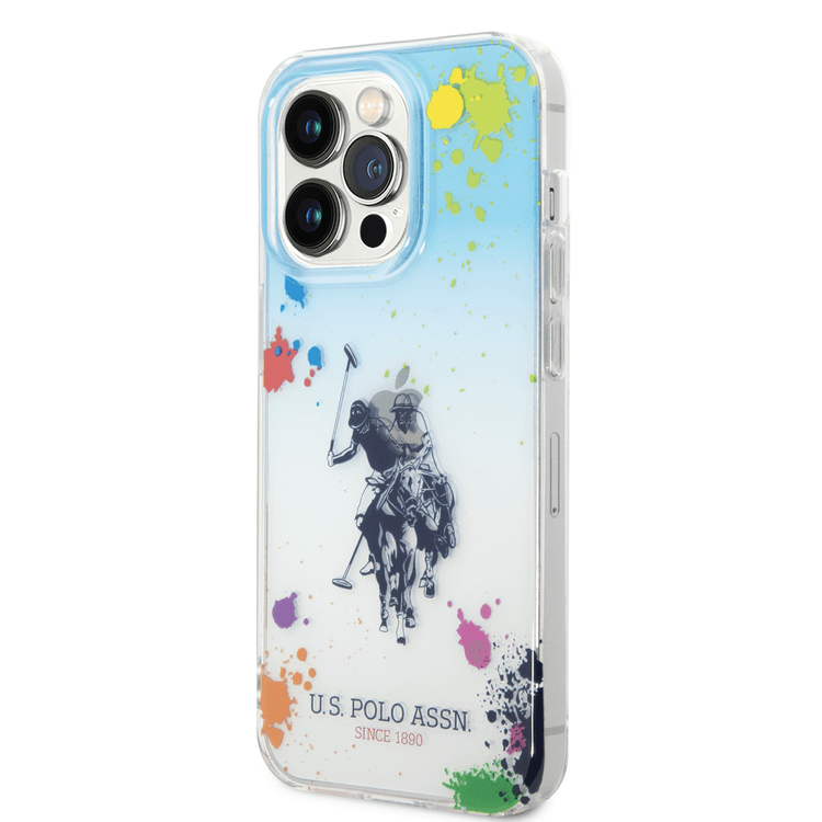 USPA PC/TPU Gradient Case with Splattered Pattern & Horse Logo iPhone 14 Pro Compatibility - Blue