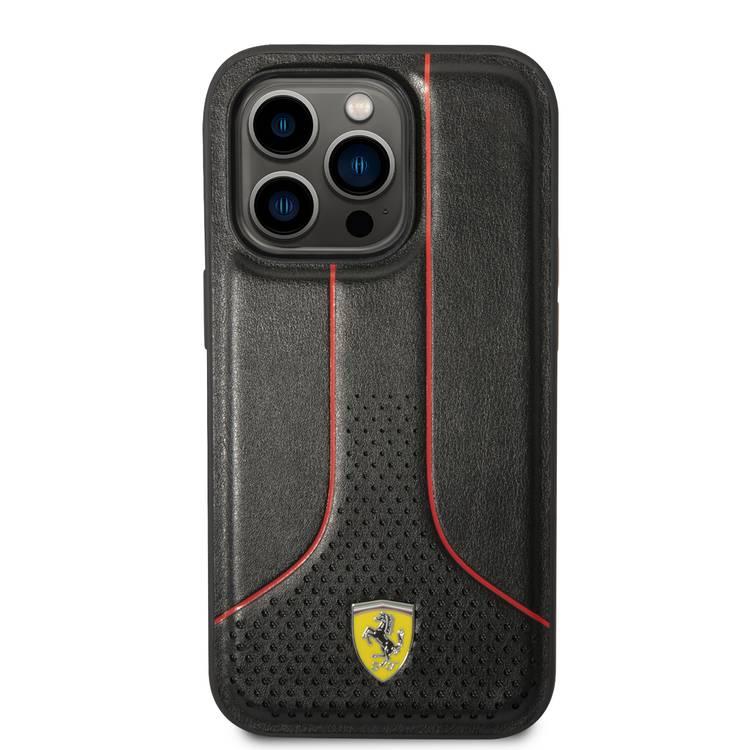 جراب Ferrari جلد PU ناعم ومثقوب لهاتف iPhone 14 Pro Max - أسود