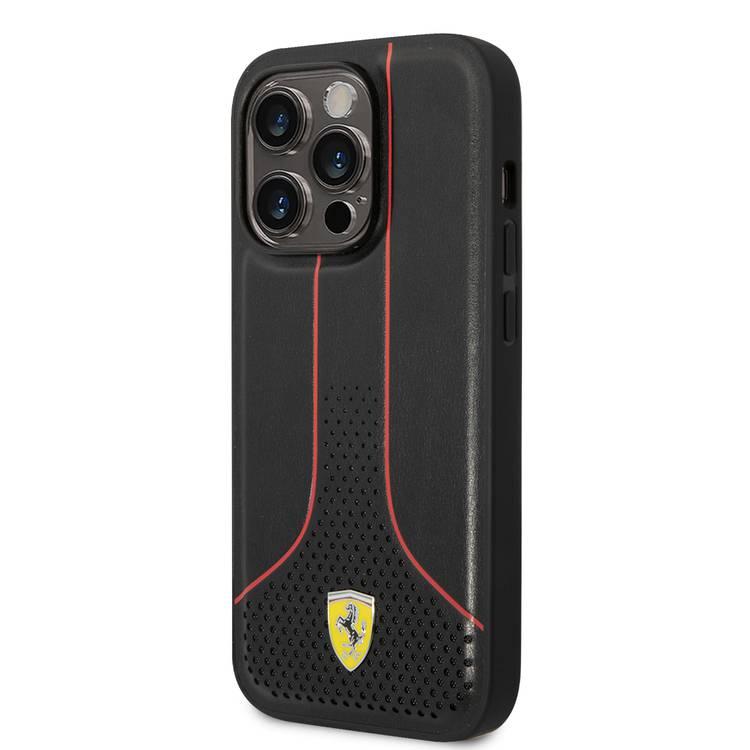 جراب Ferrari جلد PU ناعم ومثقوب لهاتف iPhone 14 Pro Max - أسود