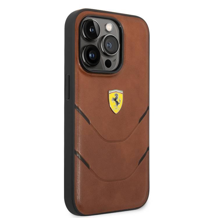 Ferrari PU Leather Case Hot Stamp Contrasted Lines iPhone 14 Pro - Brown