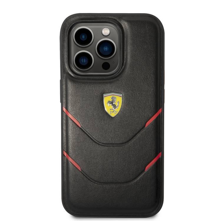 Ferrari PU Leather Case Hot Stamp Contrasted Lines iPhone 14 Pro - Black