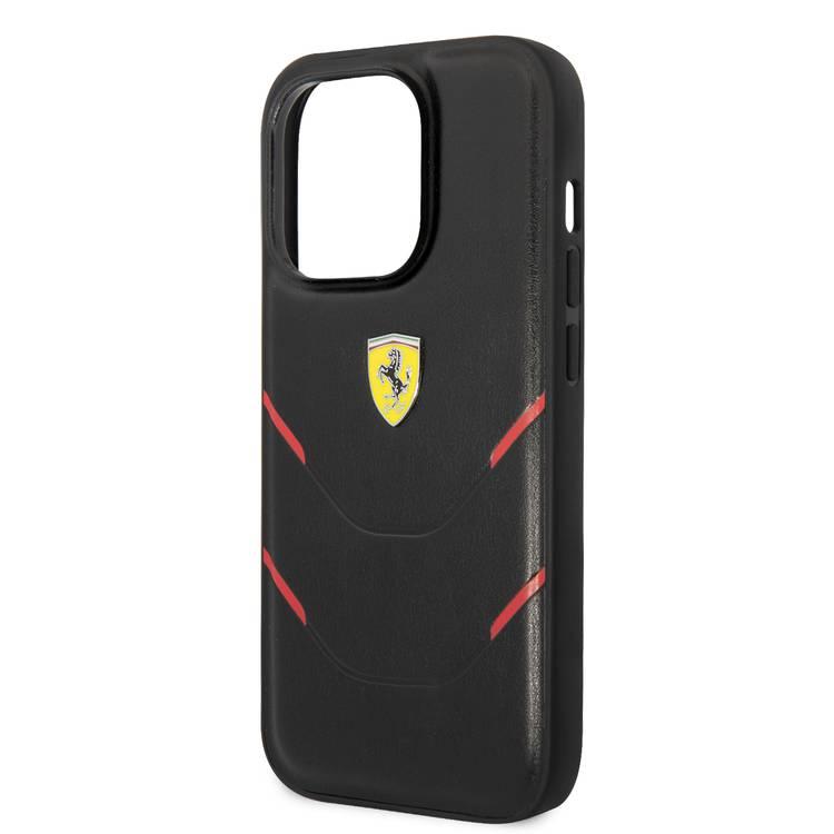 Ferrari PU Leather Case Hot Stamp Contrasted Lines iPhone 14 Pro - Black