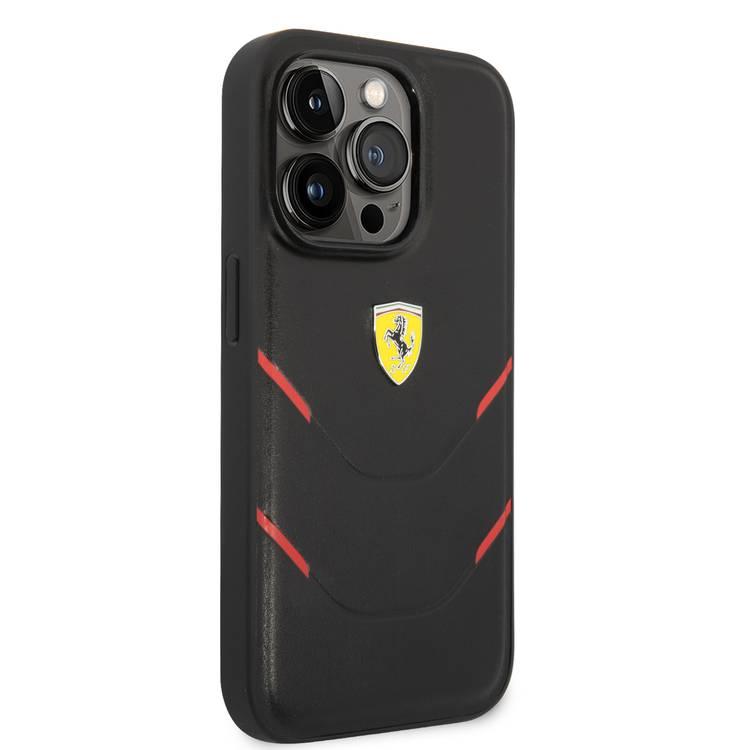 Ferrari PU Leather Case Hot Stamp Contrasted Lines iPhone 14 Pro - Black