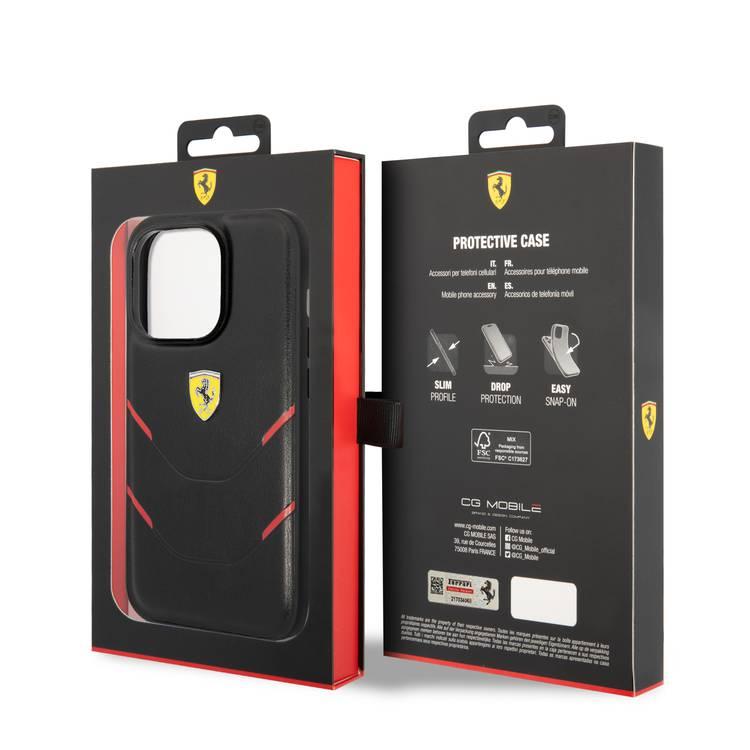 جراب Ferrari جلد PU Hot Stamp بخطوط متباينة iPhone 14 Pro - أسود