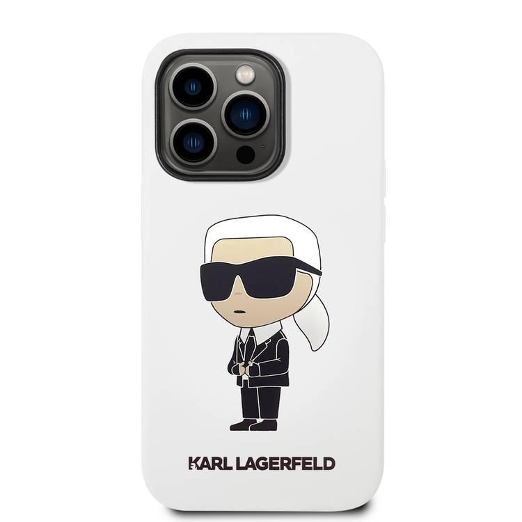 جراب Karl Lagerfeld Magsafe السائل من السيليكون مع شعار Ikonik NFT لهاتف iPhone 14 Pro - أبيض