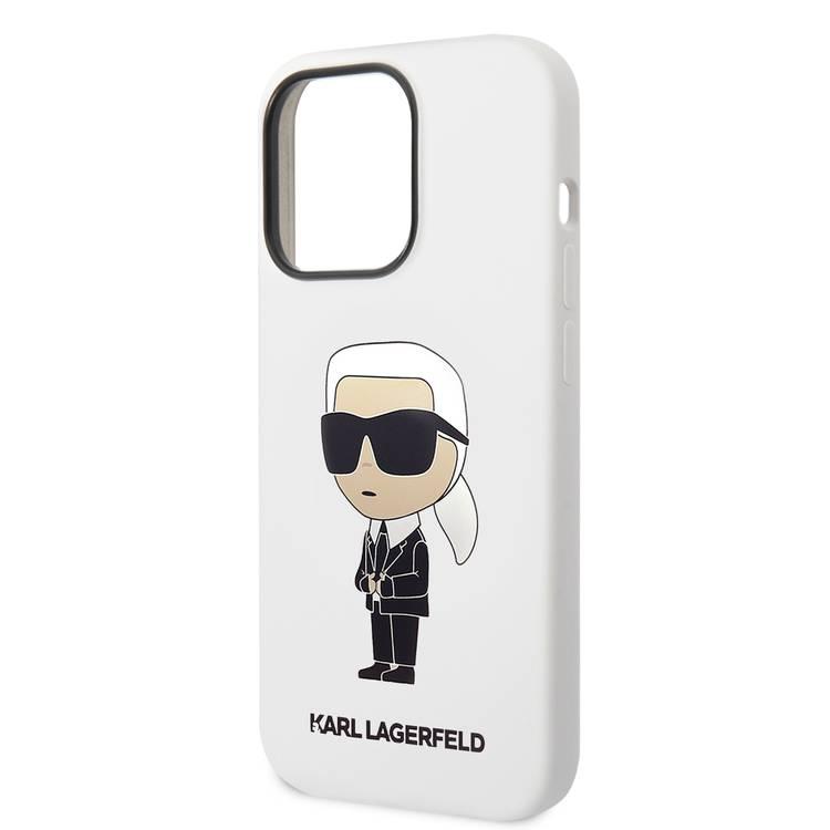 جراب Karl Lagerfeld Magsafe السائل من السيليكون مع شعار Ikonik NFT لهاتف iPhone 14 Pro - أبيض